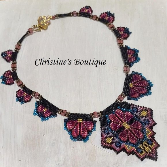 Handmade glass Seed Bead statment Necklace Floral - Picture 3 of 3